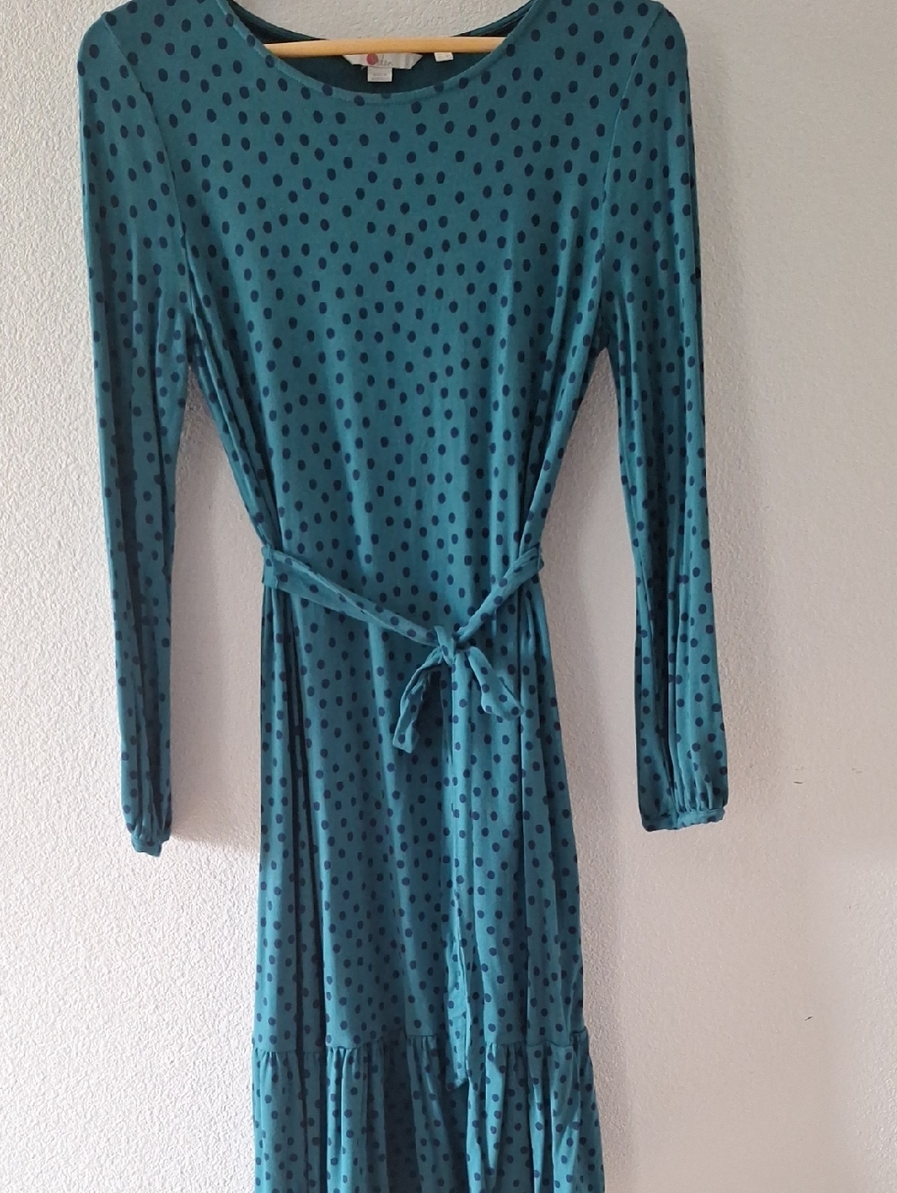 Boden Teal Polka Dot Long Sleeve Tie-Waist Dress
